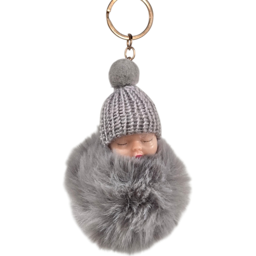 Baby Doll Pom Pom Keychain Bag Charm In Gray With Beanke